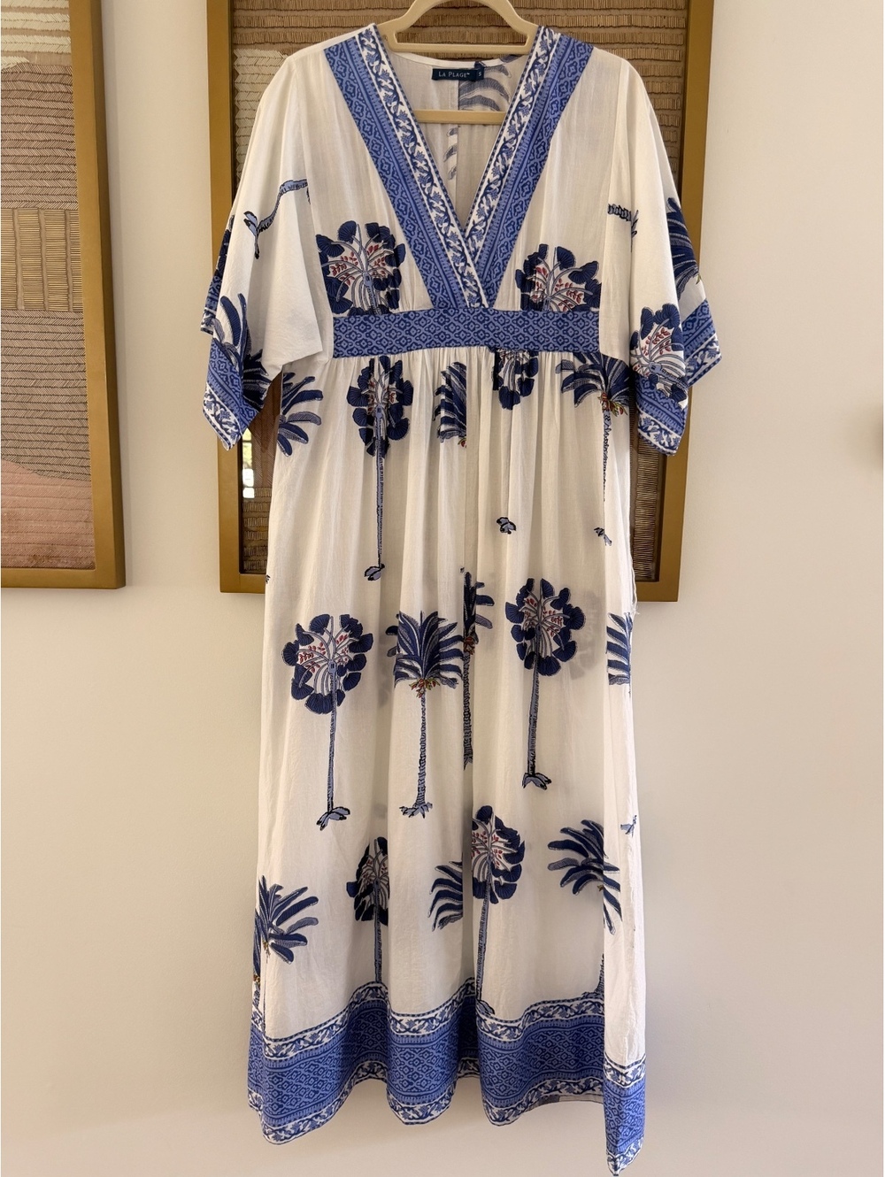 La Plage White and Blue Embroidered Maxi Dress Size S